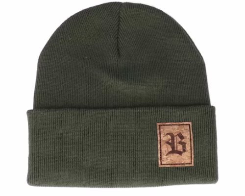 Old English B Patch Olive Green Beanie - Bearded Man