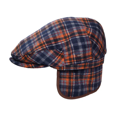Plaid Flat Cap With Earflaps Navy-Orange