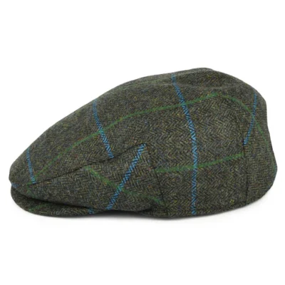 Windowpane Herringbone Waterproof Flat Cap - Forest-Blue