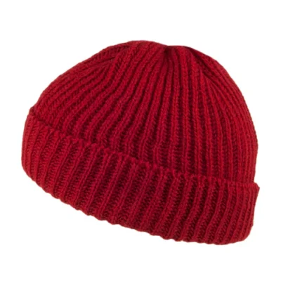 Merino Wool Short Fisherman Beanie Hat - Red