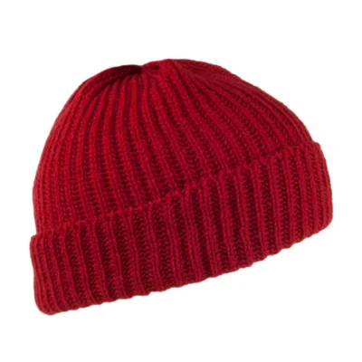 Merino Wool Short Fisherman Beanie Hat - Red