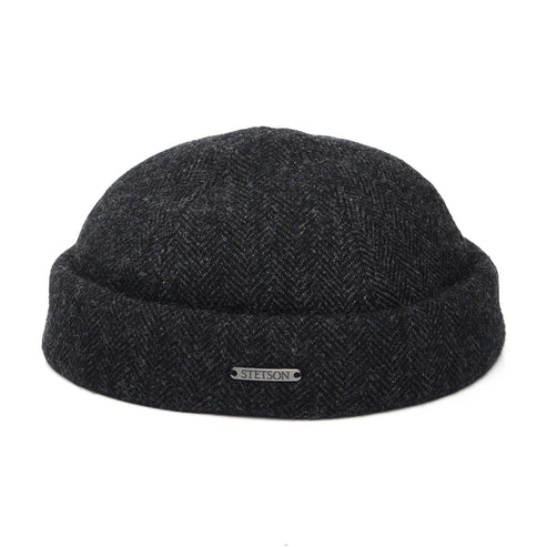 Wool Herringbone Docker Beanie Hat - Dark Grey