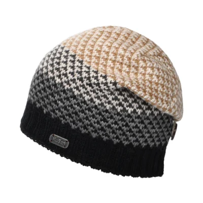Jacquard Button Down Beanie Hat - Black-Cream
