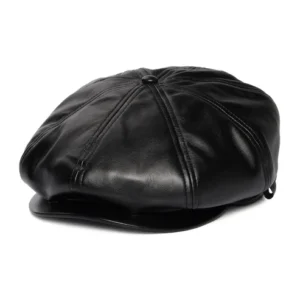 Faux Leather Newsboy Cap - Black