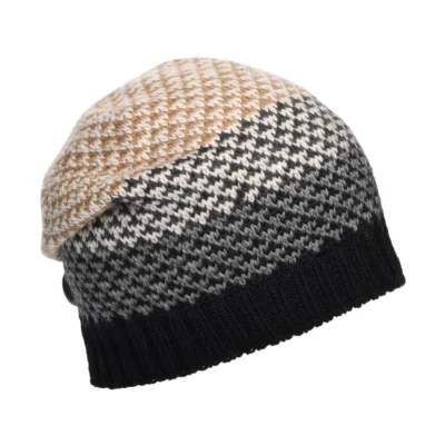 Jacquard Button Down Beanie Hat - Black-Cream