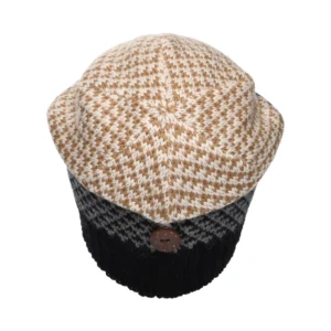 Jacquard Button Down Beanie Hat - Black-Cream