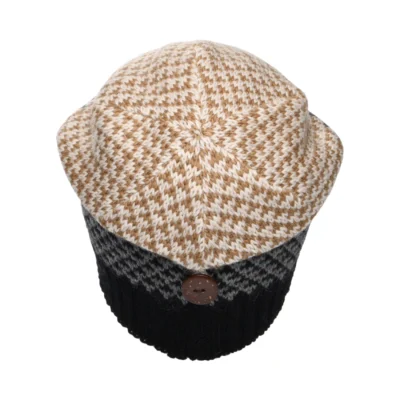 Jacquard Button Down Beanie Hat - Black-Cream