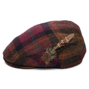 British Wool Tartan Feather Flat Cap - Damson-Multi