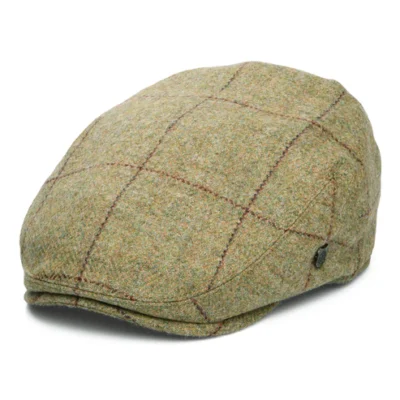 Newbury Windowpane Water Repellent British Wool Flat Cap - Light Moss