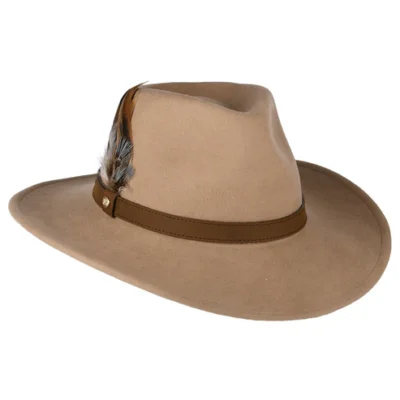 Showerproof Wool Felt Outback Hat with Feathers - Camel