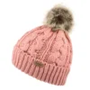 Penshaw Cable Knit Faux Fur Pom Bobble Hat - Pink