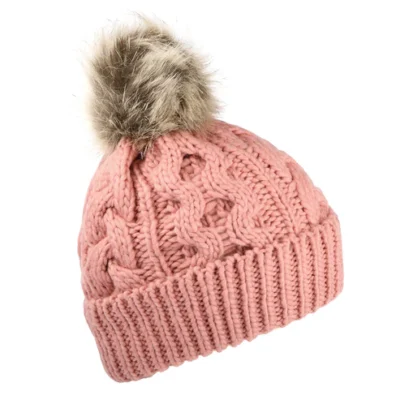 Penshaw Cable Knit Faux Fur Pom Bobble Hat - Pink