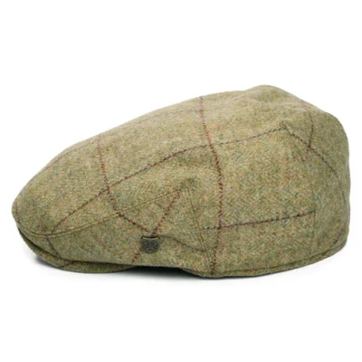 Newbury Windowpane Water Repellent British Wool Flat Cap - Light Moss