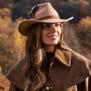 Showerproof Wool Felt Outback Hat with Feathers - Camel