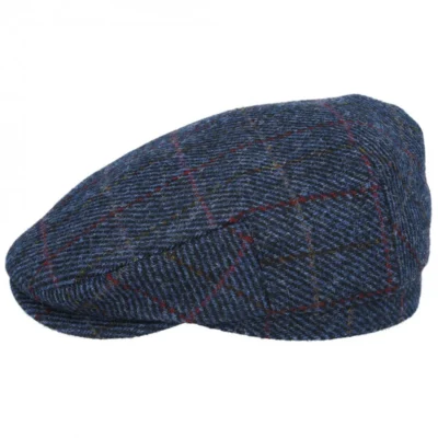100% British Wool Check Tweed Flat Cap - Navy