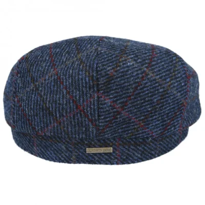 100% British Wool Check Tweed Flat Cap - Navy
