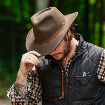 Crushable Water Repellent Wool Felt Cowboy Hat with Earflaps - Khaki