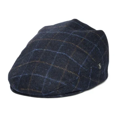 Windowpane Virgin Wool Flat Cap - Navy Blue