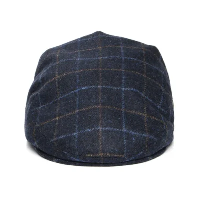 Windowpane Virgin Wool Flat Cap - Navy Blue