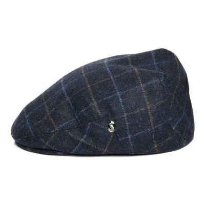 Windowpane Virgin Wool Flat Cap - Navy Blue