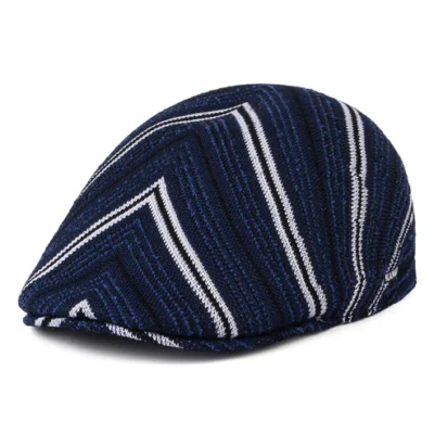 Diagonal Stripes Tropic Flat Cap - Navy Blue