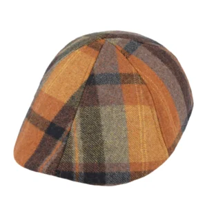 Six Panel Check Tweed Flat Cap - Orange