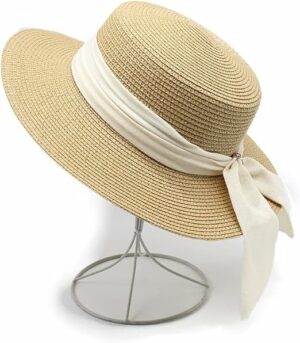 Womens Wide Brim Bow Ribbon Straw Hat