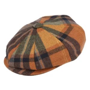 Wool Checked Tartan 8 Panel Newsboy Cap - Orange