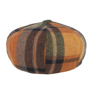 Wool Checked Tartan 8 Panel Newsboy Cap - Orange