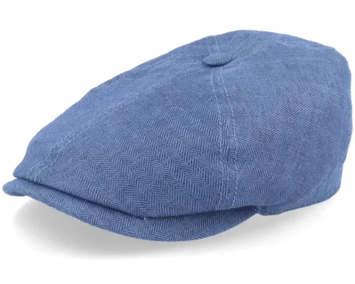 6-panel Linen Navy Blue Herringbone Flat Cap