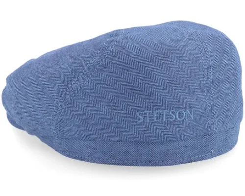 6-panel Linen Navy Blue Herringbone Flat Cap