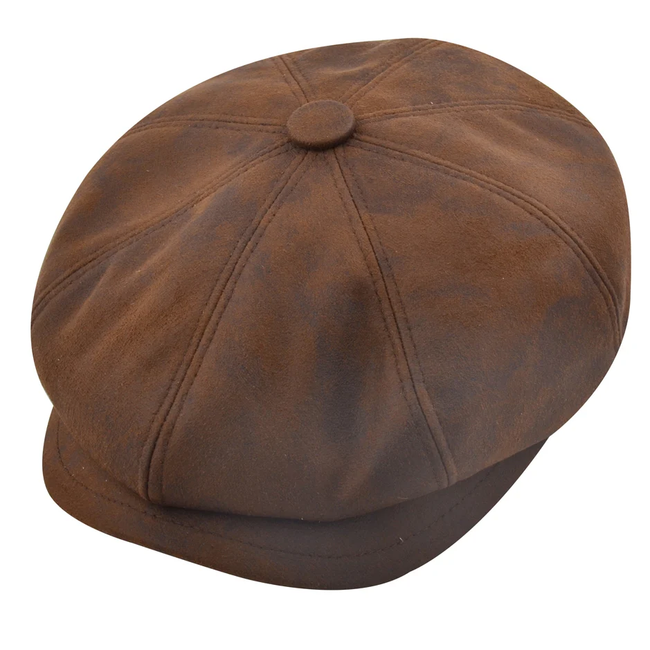 Vegan Leather Look Newsboy Cap - Brown