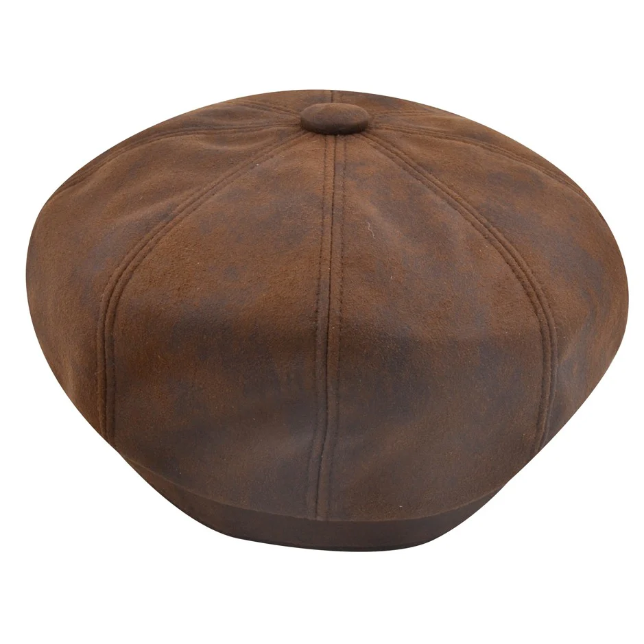Vegan Leather Look Newsboy Cap - Brown