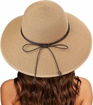 Women Straw Hat with Chin Strap Wide Brim