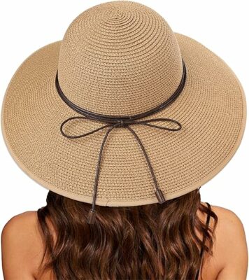 Women Straw Hat with Chin Strap Wide Brim