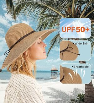 Women Straw Hat with Chin Strap Wide Brim
