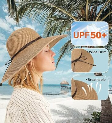 Women Straw Hat with Chin Strap Wide Brim