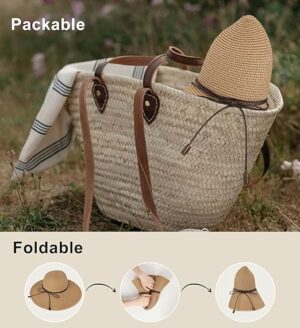 Women Straw Hat with Chin Strap Wide Brim