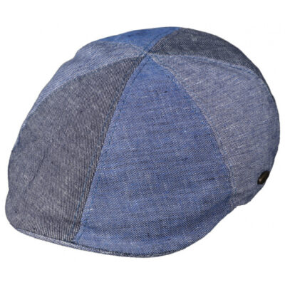 Blue Curved Patchwork Linen & Cotton Flat Cap