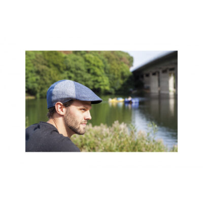 Blue Curved Patchwork Linen & Cotton Flat Cap