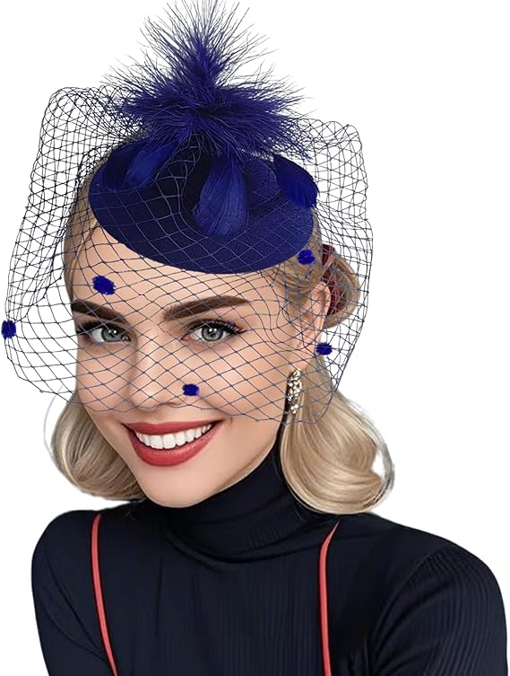 Women Tea Party Veil Feather Fancy Pillbox Hat