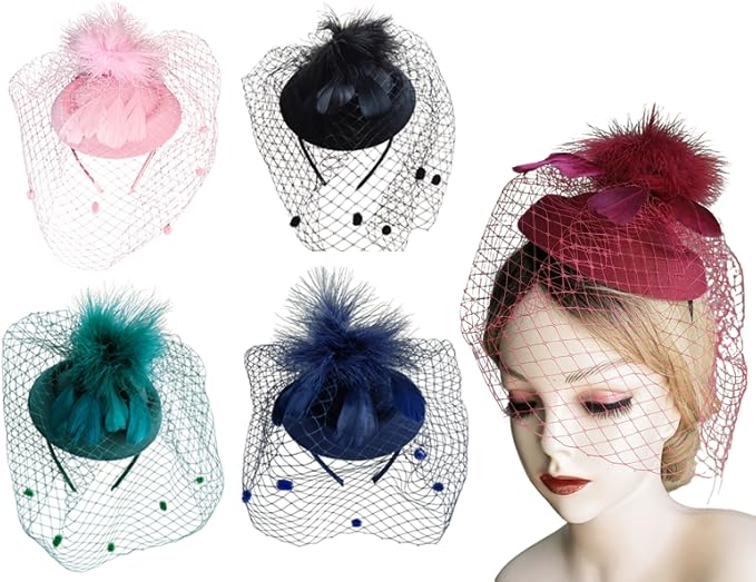 Women Tea Party Veil Feather Fancy Pillbox Hat