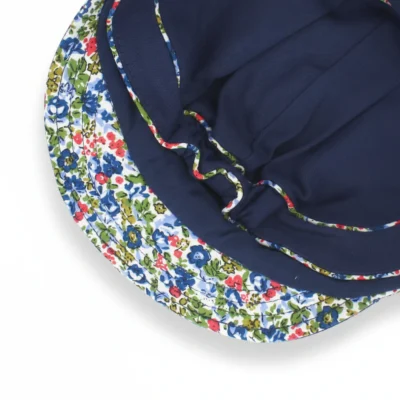 Women's Cotton Bakerboy Cap With Floral Printed Trim in Navy