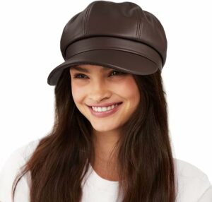Womens PU Leather 8 Panel Bakerboy Cap