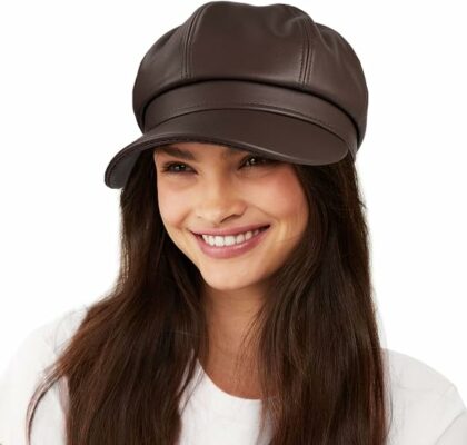 Womens PU Leather 8 Panel Bakerboy Cap