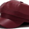 Womens PU Leather 8 Panel Bakerboy Cap - Wine Red
