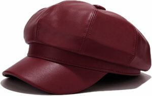 Womens PU Leather 8 Panel Bakerboy Cap - Wine Red