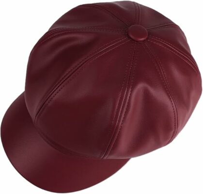 Womens PU Leather 8 Panel Bakerboy Cap - Wine Red