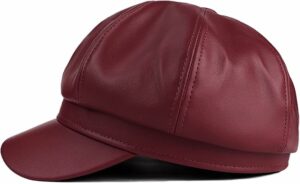 Womens PU Leather 8 Panel Bakerboy Cap - Wine Red