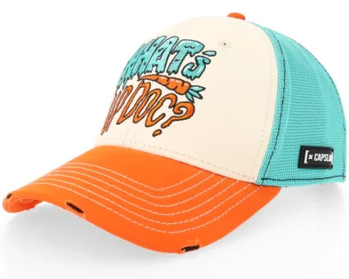 Looney Tunes Whats Up Doc Distressed OrangeWhiteBlue A-frame Trucker Cap